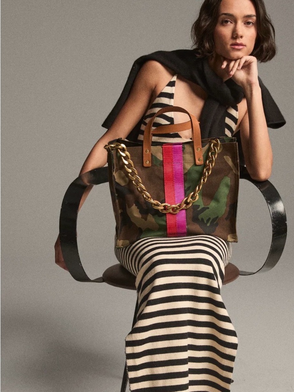 Camouflage Tote with Pink and Red Center Stripe and Gold Chain Accent - Picture 7 of 7